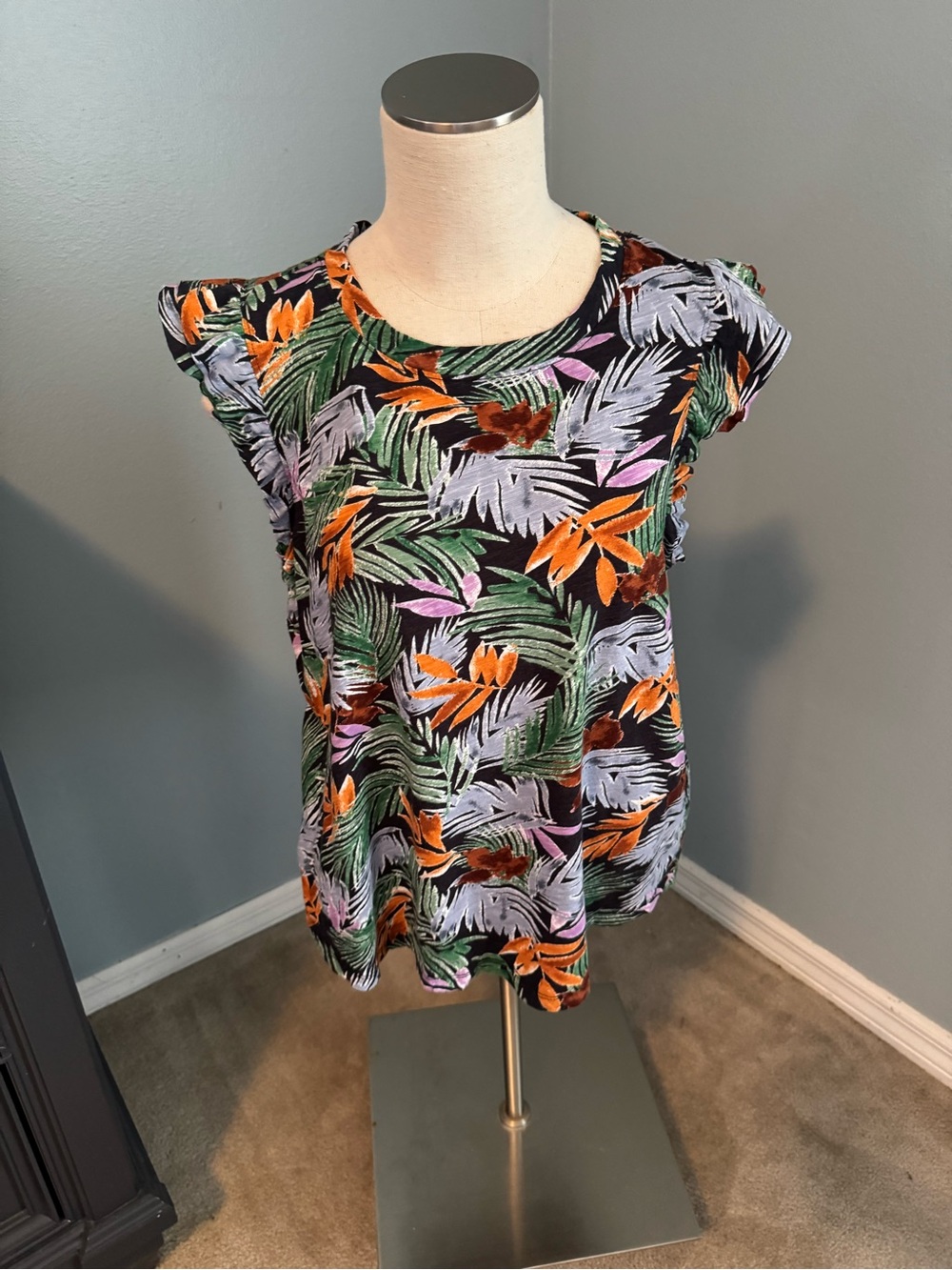 Democracy Black Tropical Flutter Sleeve Blouse with Orange & Green Leaf Print